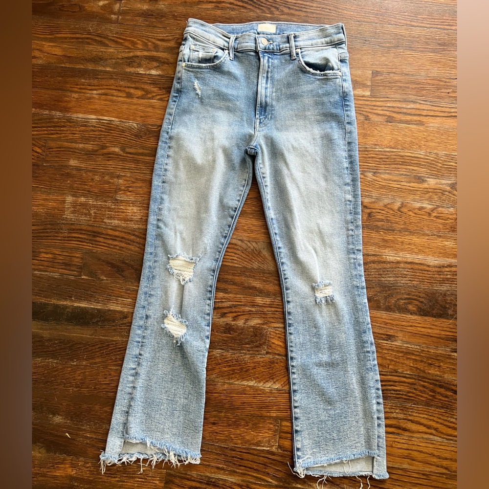 MOTHER Blue Straight Leg Jeans with Distressed Detailing used good condition.